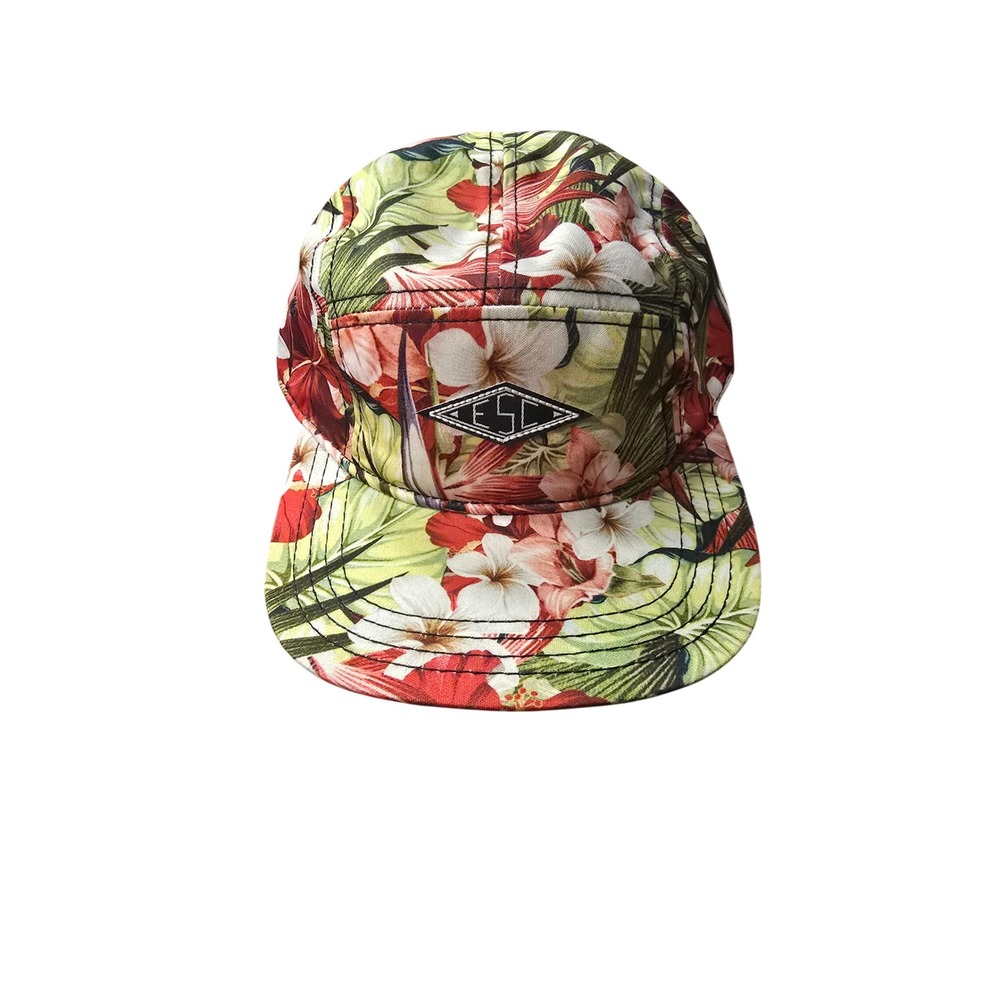 ESC Tropical Floral 5 Panel Camper Hat Red Green White Adjustable Strapback Cap